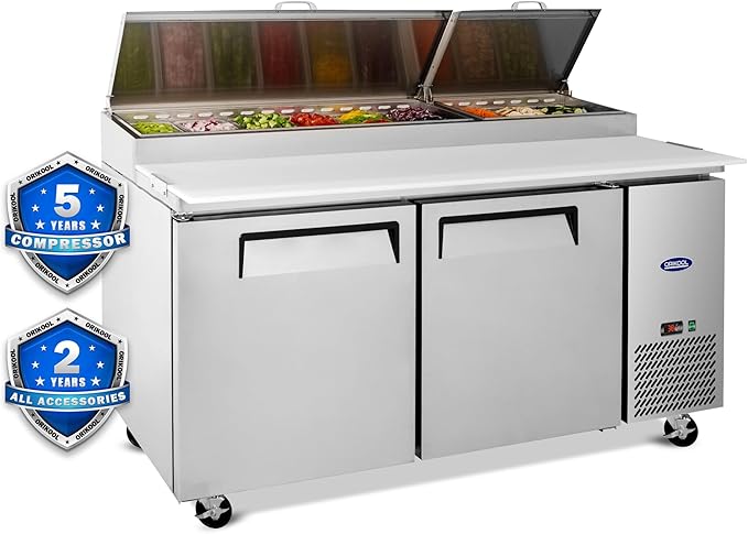 67" Commerical Pizza-Sandwich Prep Table Refrigerator - Double Door Stainless Steel Refrigerator, 21 Cu.ft Capacity, Low Noise, Adjustable Shelves, Auto Defrost, Digital Temp Control