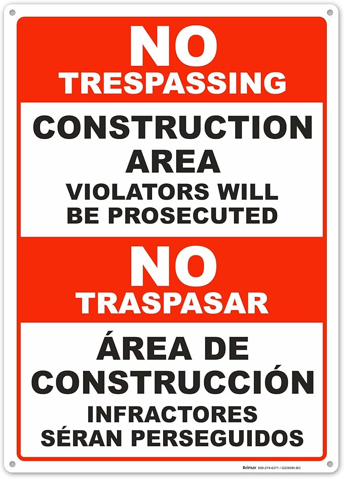 Brimar - 10" x 14" - Bilingual Construction Area Violators Will Be Prosecuted Sign - .055″ Polyethylene Plastic - Bold Text And Symbol - Easy Installation