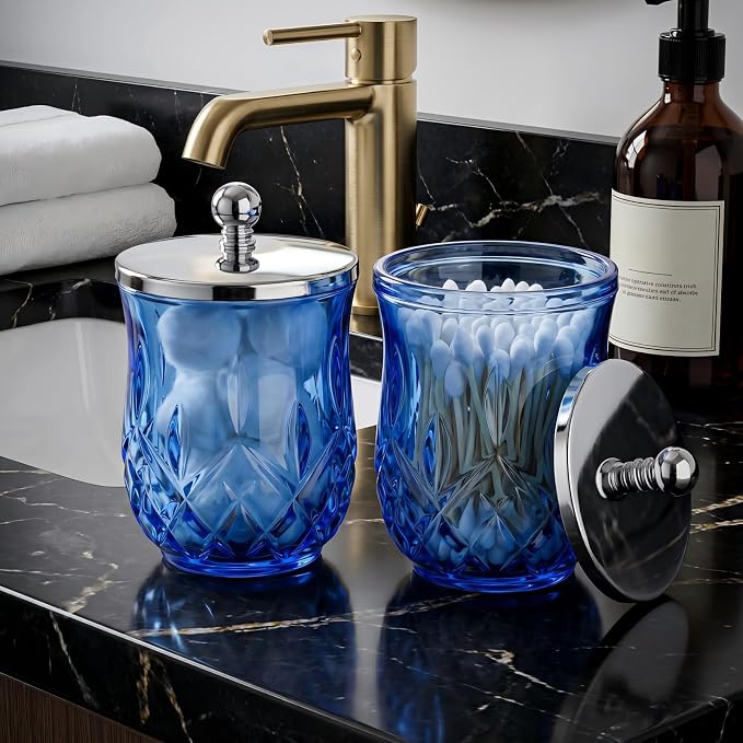 2 Pack 10Oz Blue Q-Tip Holder, Round Thick Glass - Image 7