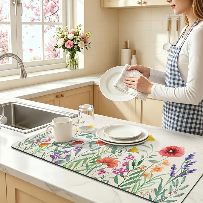LOKHOM 17"x32" Dish Drying Mat，Colorful Floral Coffee Mat | Ultra Absorbent - Image 3