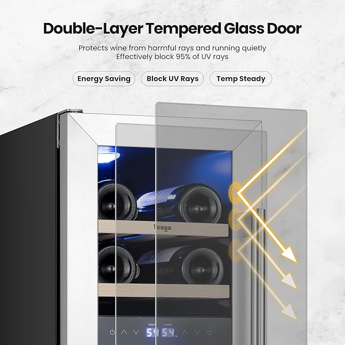 Yeego 12 Inch Wine Fridge Cooler - 17 Bottles Dual Zone Wine Cooler with Glass Door, 40-65℉ Built-In or Freestanding Refrigerator, Under Counter Wine Fridge for Kitchen Bar Office (Left-Hinged)