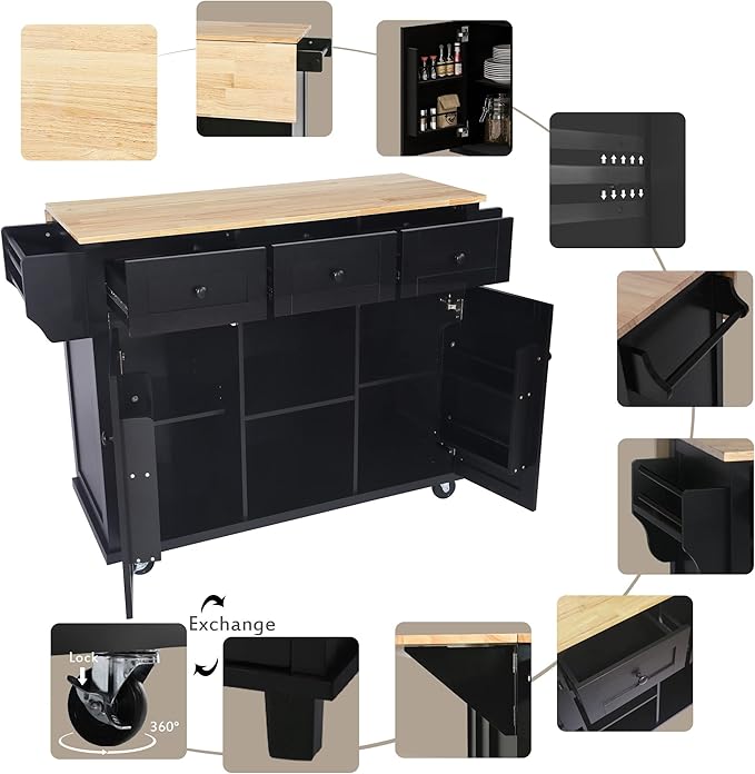 Merax Mobile Kitchen Island Cart Cabinet with Door Internal Storage Racks, 3 Drawers and 5 Rolling Wheels for Dining Room