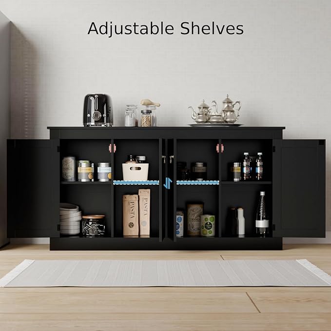 Cozy Castle Buffet Cabinet with Storage - Kitchen Storage Cabinet Wood Console Table Coffee Bar Accent Cabinets for Living Room Dining Room Entryway Black 57.5" W
