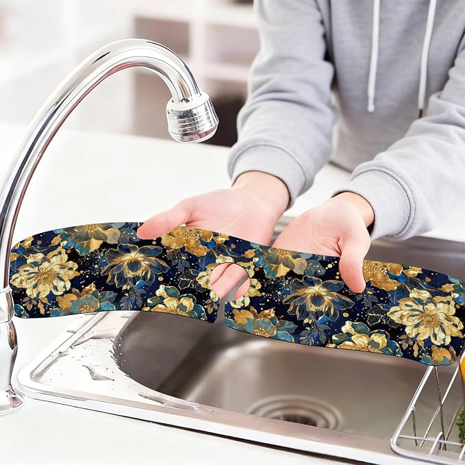 2 Pcs Blue Gold Foil Flower Kitchen Sink Splash Guard Faucet Mat Psychedelic - Image 6