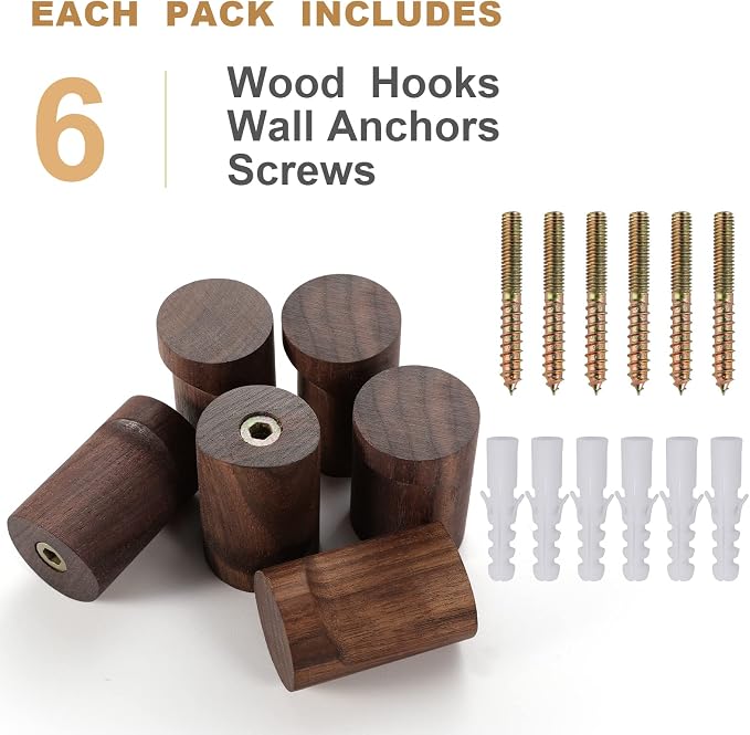 bsdonte Wood Wall Hooks 6 Pack, Natural Wooden Coat Hooks Wall Mounted - Image 7