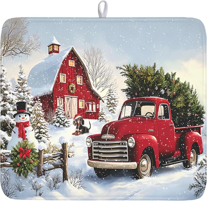 Giwawa Red Truck Dish Drying Mat Winter Xmas Tree Drainer Rack Pad 16"x18" by Giwawa