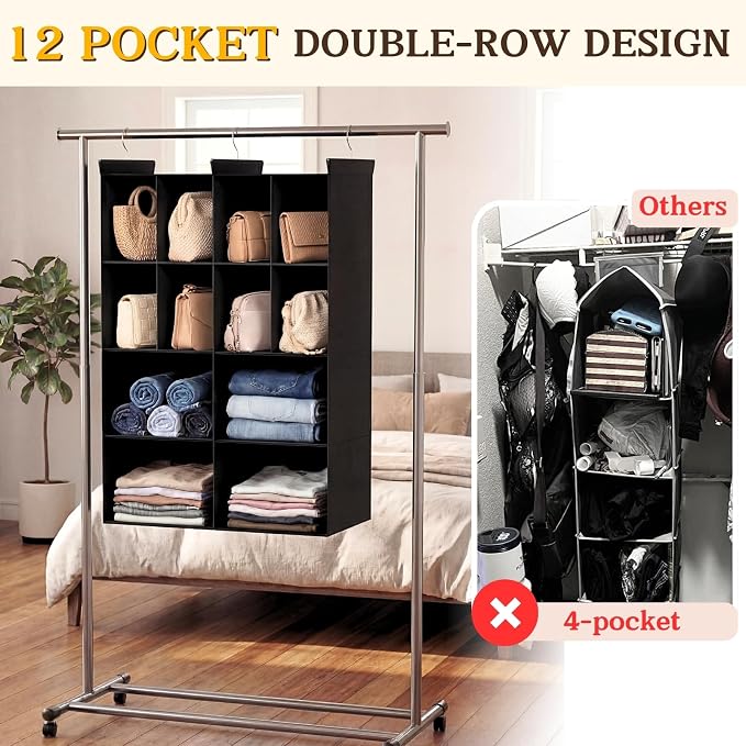 4 Tier Hanging Closet Organizer, 12 Compartments Dual Row Storage, 3 Sturdy - Image 4