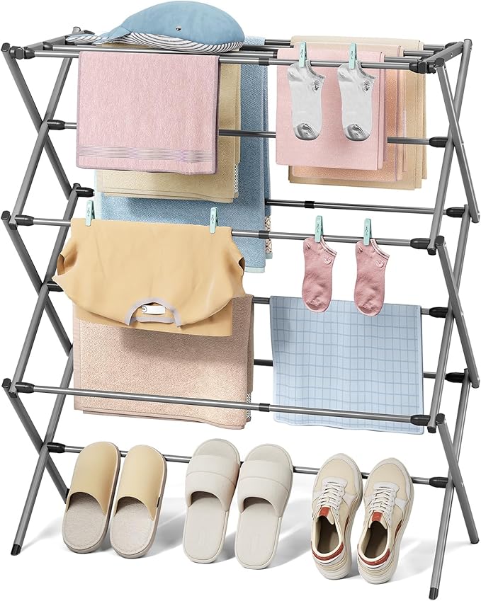 KINGBOARD 3-Tier Extendable Clothes Drying Rack, Small & Foldable, Space-Saving by KINGBOARD