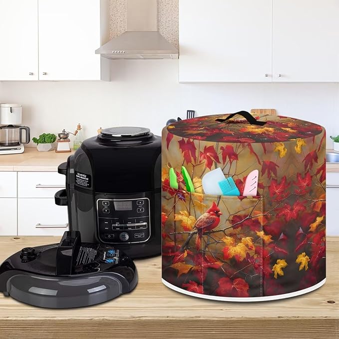 Xoenoiee Cardinal Bird Kitchen Appliance Dust Cover with Pockets, Maple Leaf Print Electric Pressure Cooker Cover Compatible with Crock Pot, Rice Cooker Covers Fall Decor, for 6 Qt Pot