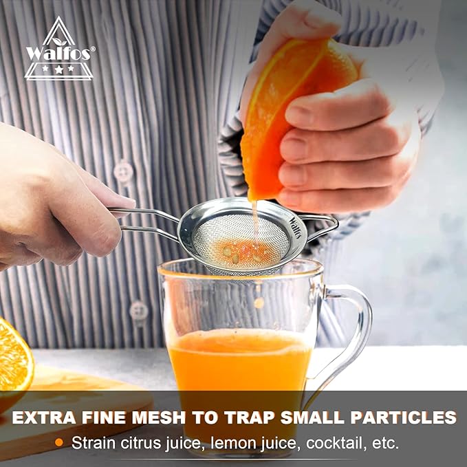 Walfos Mini Fine Mesh Tea Strainer, Stainless Steel Small Sifter with Sturdy Handle, 2.7 Inch Kitchen Metal Sieve for Tea, Coffee, Cocktail, Juice, Sugar and Spices