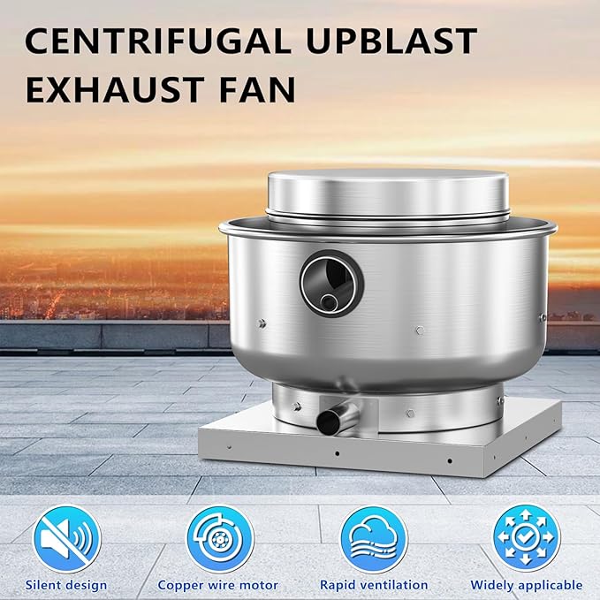 Roof Ventilator Restaurant Hood Grease Rated Exhaust Fan Food Truck Direct Drive Centrifugal Upblast Exhaust Fan 1/6HP 800 CFM 110 Volt Single Phase Motor