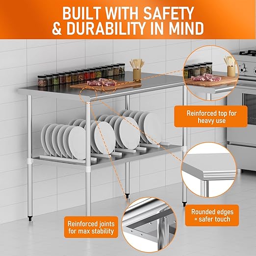 Stainless Steel Table for Food Prep & Work 30 x 60 inches Utility Table with Adjustable Undershelf, Commercial Workstation in Kitchen, Garage, Outdoor BBQ