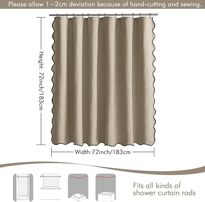 MIULEE Khaki Scalloped Linen Shower Curtain 72x72 Inches - Image 6
