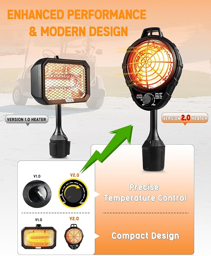 Xislet Upgrade Golf Cart Electric Heater with Infinite Temperature Adjustment, 2-Second Quick Heat 400W Quiet & Safe Carbon Fiber Heating, Battery Powered Heater Stable Fit Club Car/Yamaha/EZGO