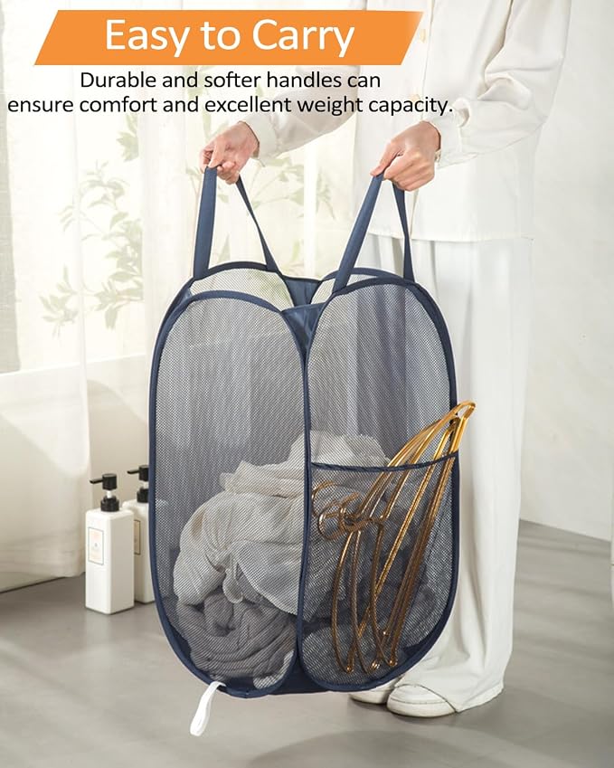 Bemkoo Navy Blue Durable Foldable Laundry Hamper, 22.8 x 14.2 x 14.2 inches - Image 6