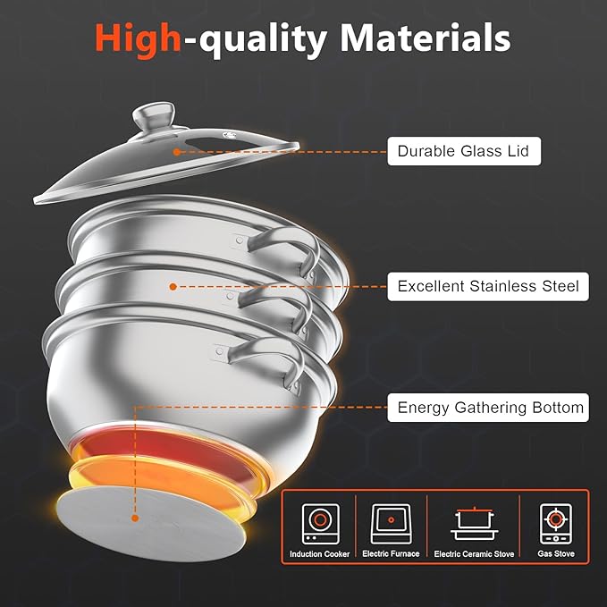 3-Tier Food Steamer Pot for Cooking, Stainless Steel Steamer Pot with Transparent Lid, 11inch Diameter, Stackable Steaming Pots Steam Cooker Cookware for Dumpling Seafood, Work for Induction Stove (11in Diameter)