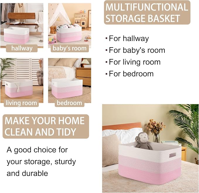 OIAHOMY Blanket Basket Laundry Basket Dog Toy Basket 75L Pink/White - Image 4