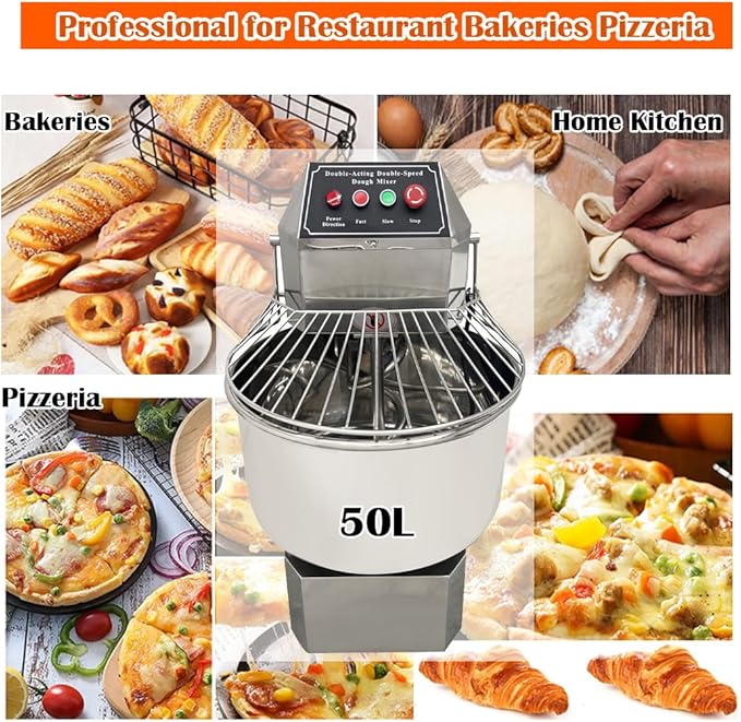 Commercial Stand Dough Mixer 50Qt Stand Spiral Mixer Dual Rotating Dough Kneading Machine Dough Pizza Food Mixer with Double Speeds for Restaurant Bakeries Pizzeria 110V 2200W