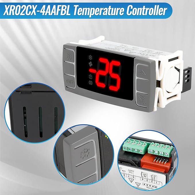 32-bit Enhanced XR02CX-4AAFBL Temperature Controller, Replaces Dixell XR02CX for 110-125V 50-60Hz Commercial Fridges/Freezers, Programmable Digital Thermostat, Voltage Protection & Reset, Red Screen