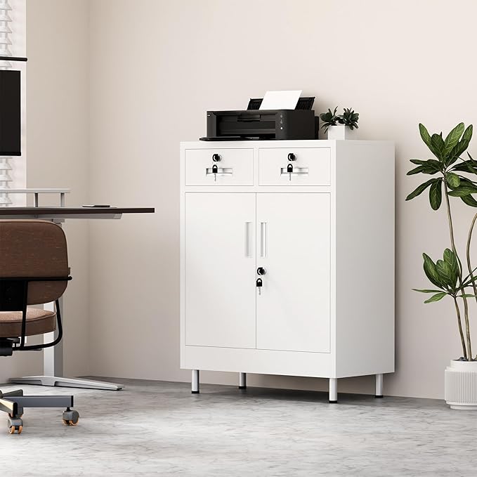 Metal Storage Cabinet with Locking Doors and 2 Drawers, Lockable Storage Cabinet with Adjustable Shelf for Home Office Garage Entryway Pantry (White)