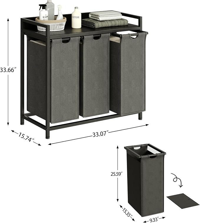 Herture Laundry Hamper with Shelf, Laundry Basket 3 Section, Laundry Sorter - Image 4