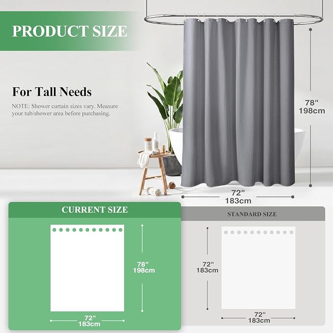Dynamene Long Waffle Shower Curtain 256 GSM Heavy Fabric 72x78 Grey/Gray - Image 2