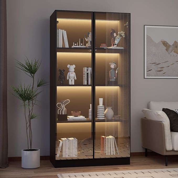 Glass Display Cabinet with LED Lights, Display Case Bookcase with 4-Tier Shelves, Curio Cabinet with 2 Glass Doors, Storage Cabinet for Collectibles, Living Room