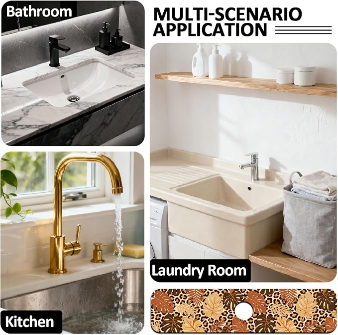 2 Pcs Kitchen Sink Splash Guard Faucet Mat Leopard Print Leaves Faucet Mat - Image 7
