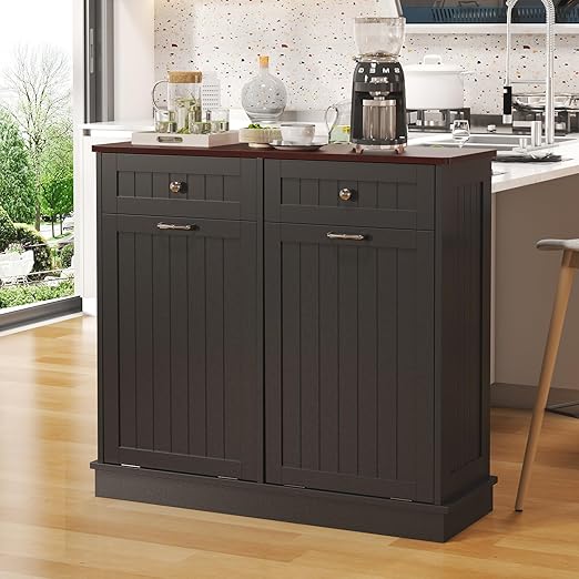 Tilt Out Trash Can Cabinet Dog Proof with Double Wood Hidden Trash Can Holder, Kitchen Free Standing Recycling Cabinet（Black）