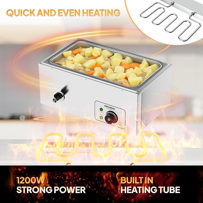 ROVSUN 21QT Electric Commercial Food Warmer, Full Pan Steam Table Stainless Steel Bain Marie Buffet Countertop with Temperature Control & Lid for Parties, Catering, Restaurants 110V
