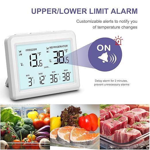 Digital Refrigerator Thermometer - 3.7 inch LCD Backlight Freezer Thermometer with 2 Sensors, Digital Fridge and Freezer Thermometer with Alarm, Max/Min Records, for Homes Restaurants Cellars