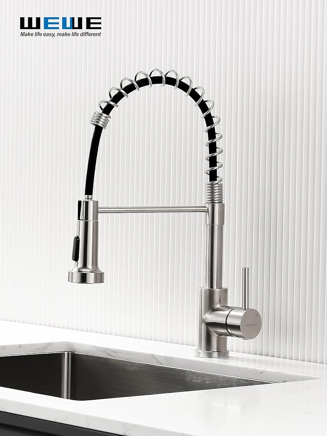 WEWE Pull-Out Kitchen Faucet, 2-Mode Sprayer, Brushed Nickel, High Arc | - Image 2