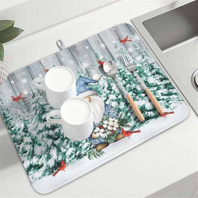 Giwawa Winter Gnome Dish Drying Mat Pine Tree Dishes Pad 18"x24" Microfiber - Image 8