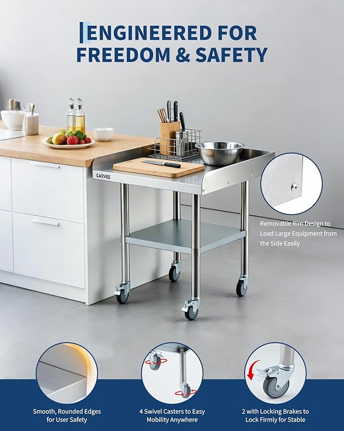 Garvee Stainless Steel Work Table, 24x36x26 Inch Commercial Food Prep Worktable with Wheels, Detachable 3-Sided Backsplash & Height-Adjustable Shelf, Heavy Duty Workbench for Kitchen Restaurant Garage