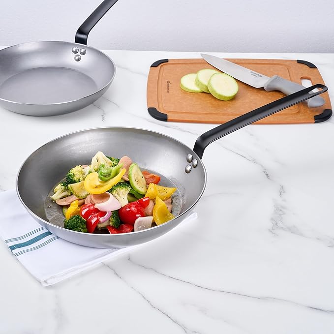 Restaurantware Met Lux 12 Inch Fry Pans, 6 No-Stick Frying Pans - Induction-Ready, Triple-Riveted, Silver Carbon Steel Cooking Skillets, Durable, For Searing, Sauteing, And Browning Food