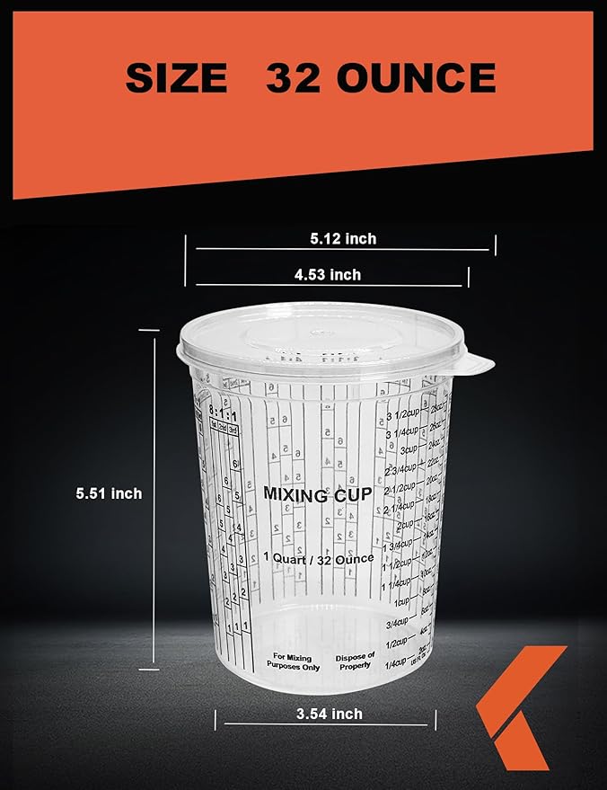 32 OZ Paint Mixing Cups Disposable Flexible Clear Graduated Plastic Measuring Cups Box of 24 Cups & 4 Lids Use for Automotive Painting, Epoxy Resin, Acrylic Arts, Kitchen - Mixing Ratios