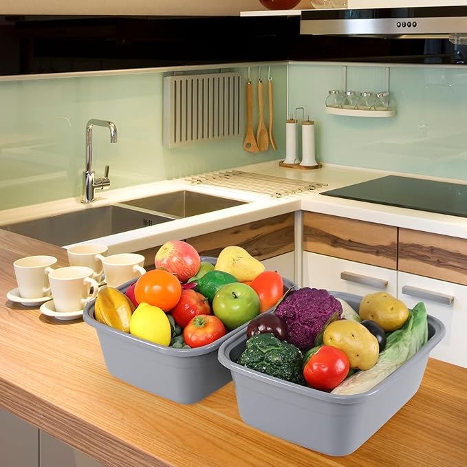 12 Quarts Plastic Dish Pan, 4-Pack Rectangular Wash Basin Tubs, Grey