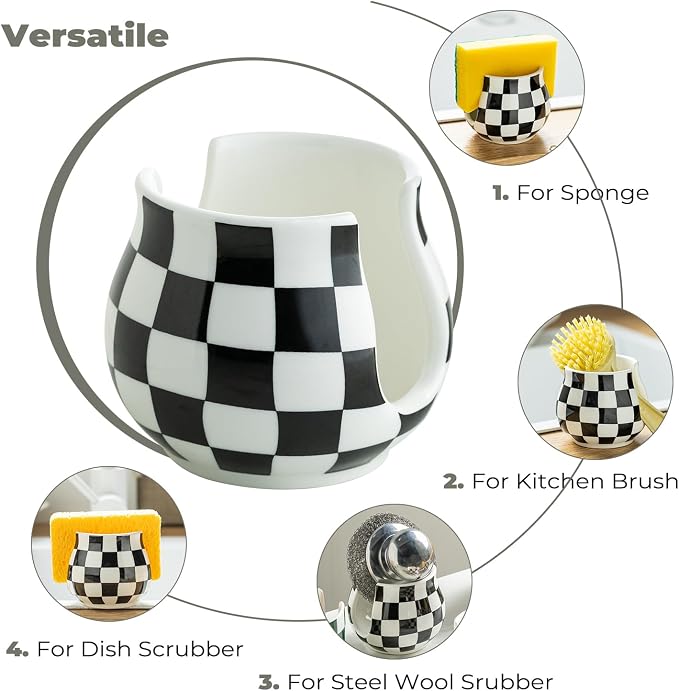 Zoeeker Sponge Holder for Kitchen Sink, Ceramic Checkered Sponge Organizer - Image 4