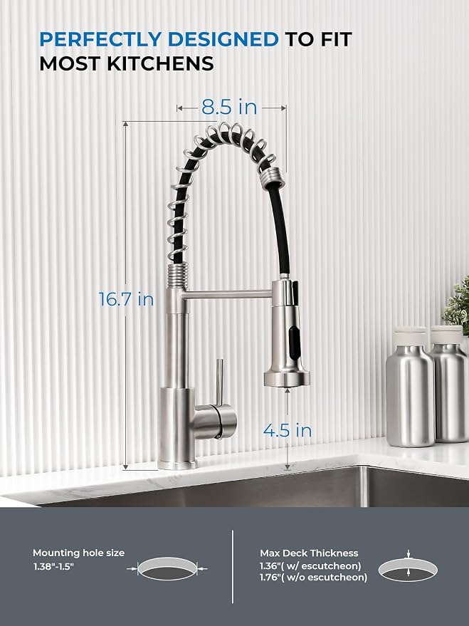 WEWE Pull-Out Kitchen Faucet, 2-Mode Sprayer, Brushed Nickel, High Arc | - Image 4