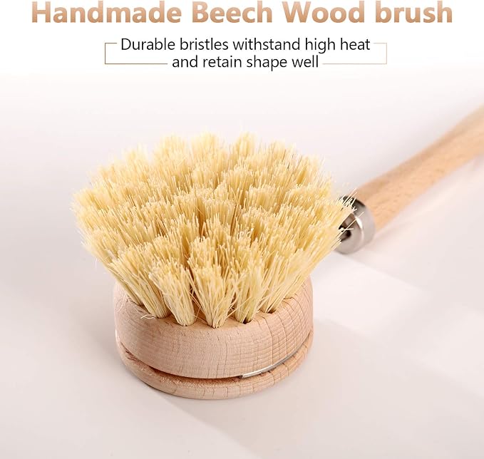 Boao 3 Pack Dish Brush with Beechwood Handle with Replacement Heads Natural - Image 6
