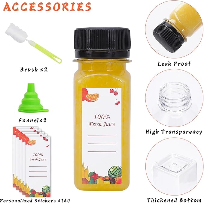Plastic Juice Bottles 150 pcs 2 oz Empty Plastic Water Bottles with Caps Reusable Clear Beverage Containers for Drinking, Juicing, Smoothie, Water with 2 Brushes, 2 Funnels, 160 Stickers