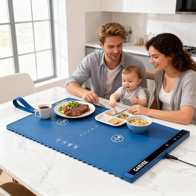 Garvee Electric Food Warming Mat for Countertop, 24x15 in, Dual Zone Control, Portable Silicone Food Warmer Pad Tray with Timer & 6 Temp Levels for Buffet Party, Easy to Clean, Blue