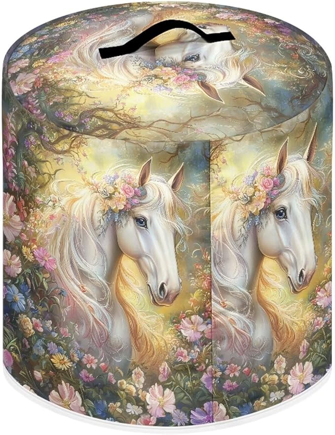 TODIYADDU White Horse Floral Pressure Cooker Cover with Pocket Novelty Air Fryer Cover Dust Cover Insulated Kitchen Appliance Cover Protector for Pressure Cooker Instant Pot Accessories Presents, M