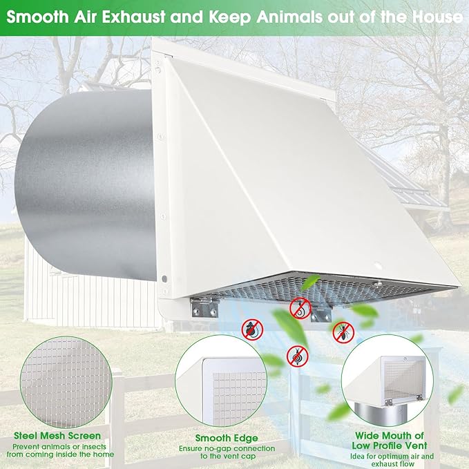 4 Inch Dryer Vent Cover Outside,Dryer Vent Cover Outdoor Exterior Vent Cover Wall Vent Dryer Exhaust Vent Cover Cap,Hooded Wall Vent with Screen & Damper for Dryer Duct AC HVAC,Galvanized Steel,White