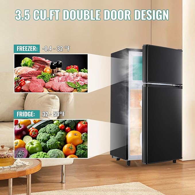 WANAI 3.5 Cu.Ft Mini Fridge with Freezer, Compact Refrigerator for Office, Dorm, Apartment, 7-Level Adjustable Thermostat, 2 Removable Shelves and Bakset, Small Fridge in Black