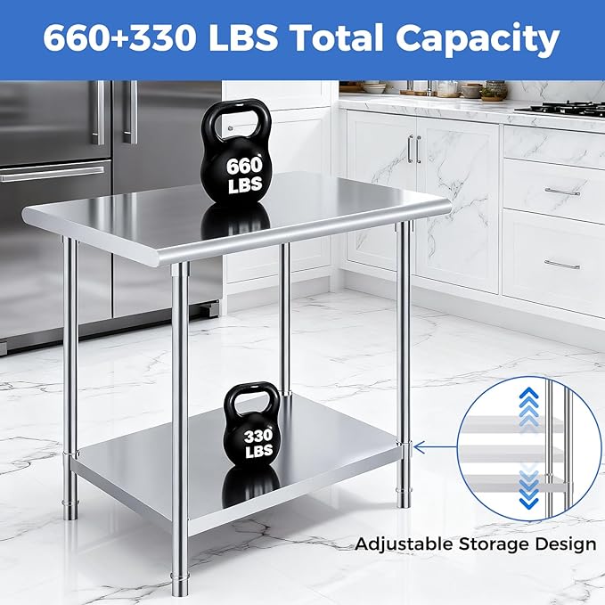 OSTBA Stainless Steel Table for Prep & Work 24x30 Inches with Casters Wheels, NSF Metal Commercial Heavy Duty Table with Adjustable Undershelf for Restaurant Kitchen Home and Hotel