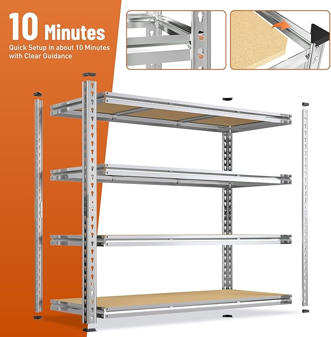 Garage Shelving Load 2100LBS, 4-Tier Storage Shelves, Adjustable Garage Shelves, Shelving Units and Storage, Metal Shelf for Kitchen, Pantry, Warehouse, 48" W x 60" H x 17.9" D, Galvanized