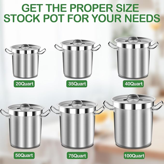35 Quart Commercial Grade Large Stock Pot - Soup Pot with Lid - Non-Nickel Stainless Steel - Healthy Cookware Polished Stockpots - Heavy Duty - 8.8Gallon