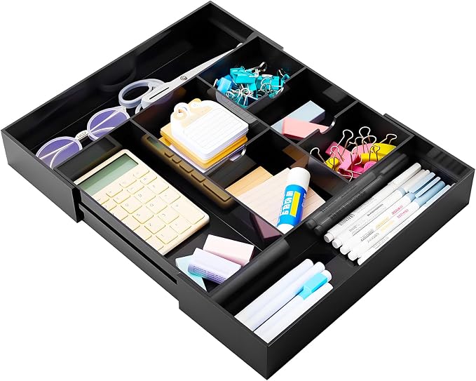 Briwooody Black Acrylic Drawer Organizer Expandable, 8 Compartments, Large | by Briwooody