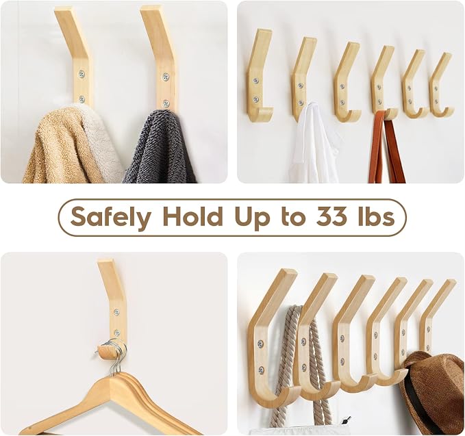 Wooden Wall Hooks Organizer Heavy Duty 6 Pack Coat Hooks - Image 6